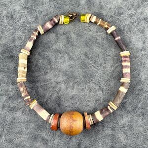 Handmade Tribal Sea Urchin Shell Pottery Stone Beaded Wire Chocker Necklace VTG